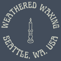 An image of the circular Weathered Waxing logo. The business name is on top, a candle is in the middle, and the bottom says Seattle, WA, USA.